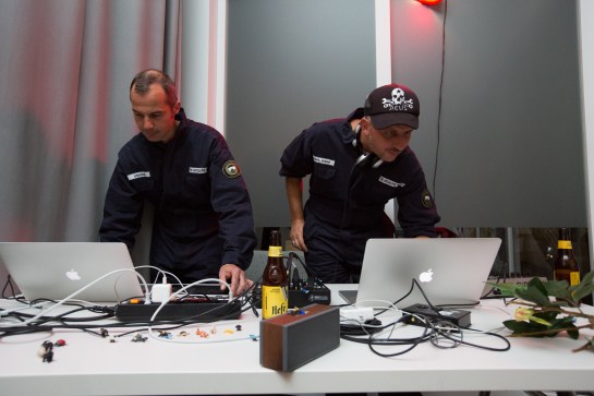 Simon Schubiger and Stefan Müller Arisona DJ the Climate Change Couture fashion show at swissnex San Francisco. Photo by Myleen Hollero. 